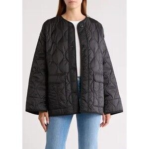 Hudson Women Large Quilted Spring Fall Collarless Jacket Black oversized liner